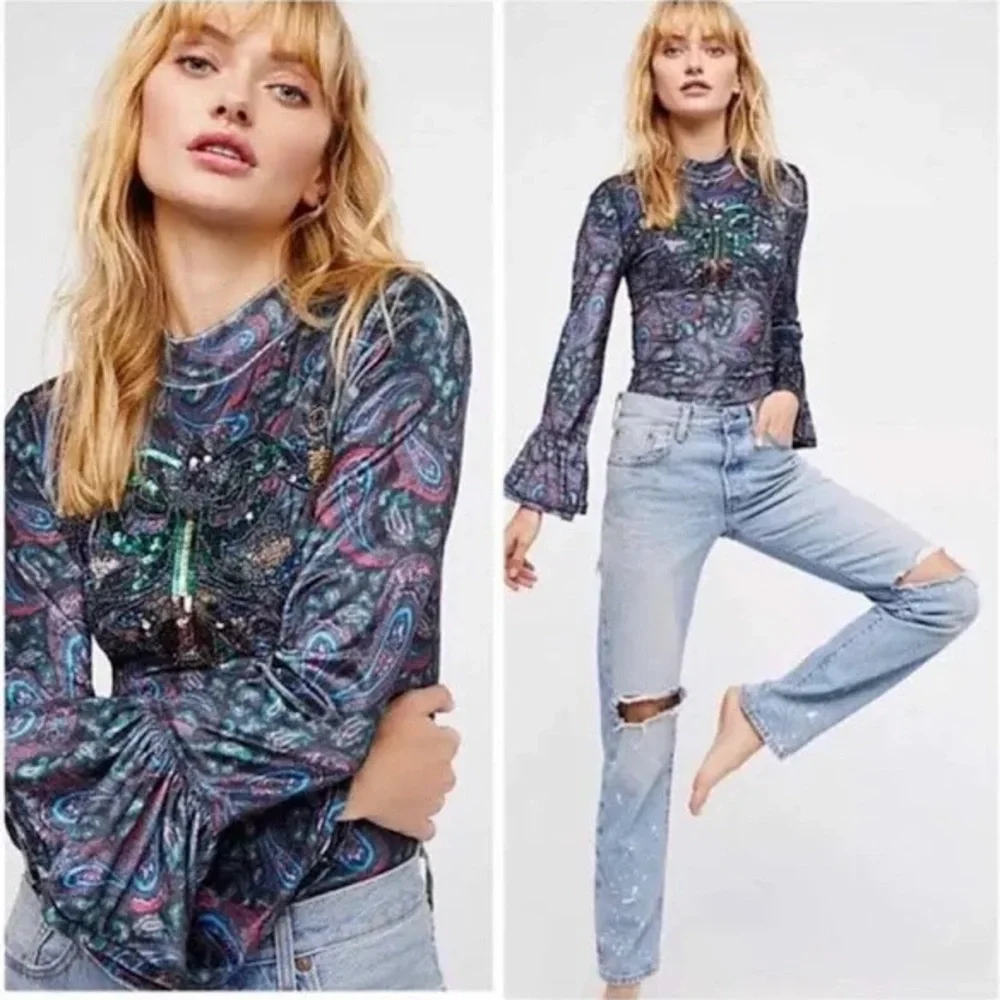 Free People sequin/velvet bell sleeve top sz S